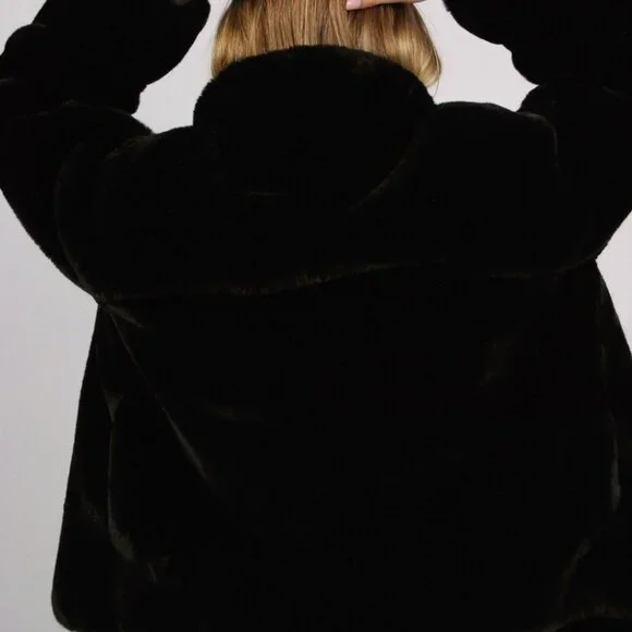 Y2K Fur Coat (S) small black faux womens vintage soft bomber glam winter cool - Picture 6 of 8